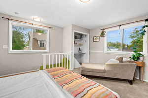 Upstairs bedroom with windows on three walls, a mini split for custom climate control, builtins and a closet
