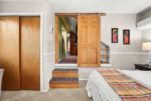 Bedroom with light colored carpet, a closet, and a barn door leading to more closet space