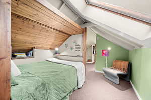 Carpeted bedroom featuring built in bed and shoylight
