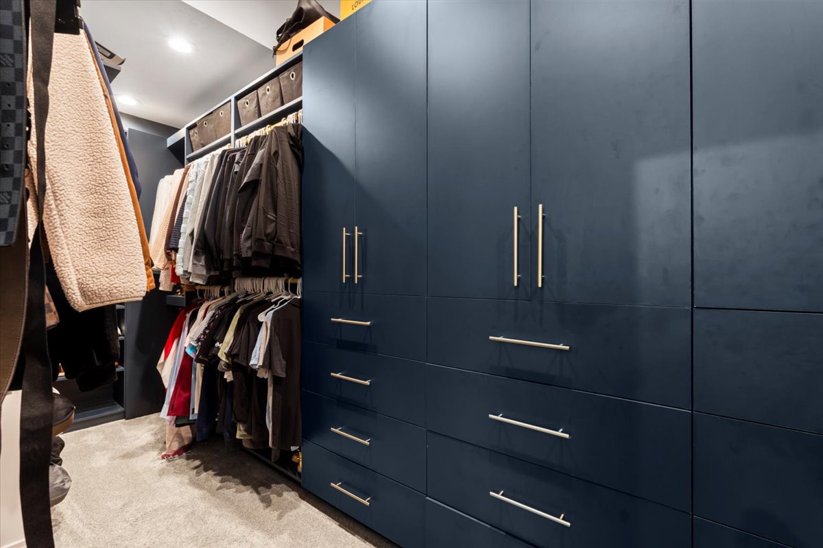 Walk in closet featuring light colored carpet