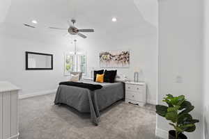 Bedroom featuring light colored carpet, recessed lighting, and a ceiling fan