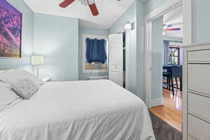 Bedroom featuring light wood-style flooring and ceiling fan