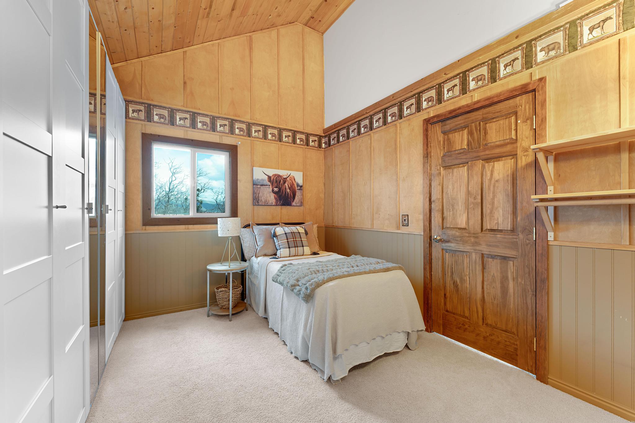 Bedroom featuring lofted ceiling, light colored carpet, wood walls, and wainscoting