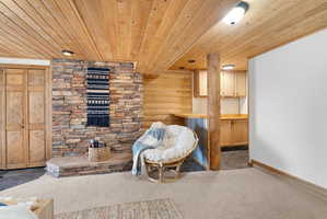 Living area featuring wood ceiling and carpet floors