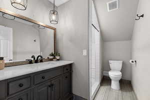 Bathroom featuring vanity and vaulted ceiling
