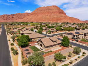 Aerial perspective of suburban area with mountains