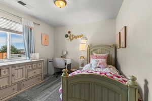 Bedroom with dark carpet