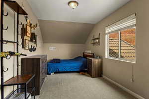 Bedroom featuring light colored carpet and lofted ceiling