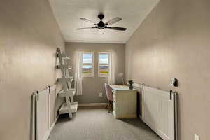 Home office featuring light colored carpet, a textured ceiling, ceiling fan, and a textured wall