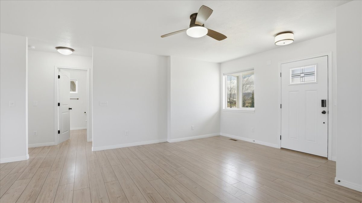 Entrance foyer featuring ceiling fan and light wood-type flooring