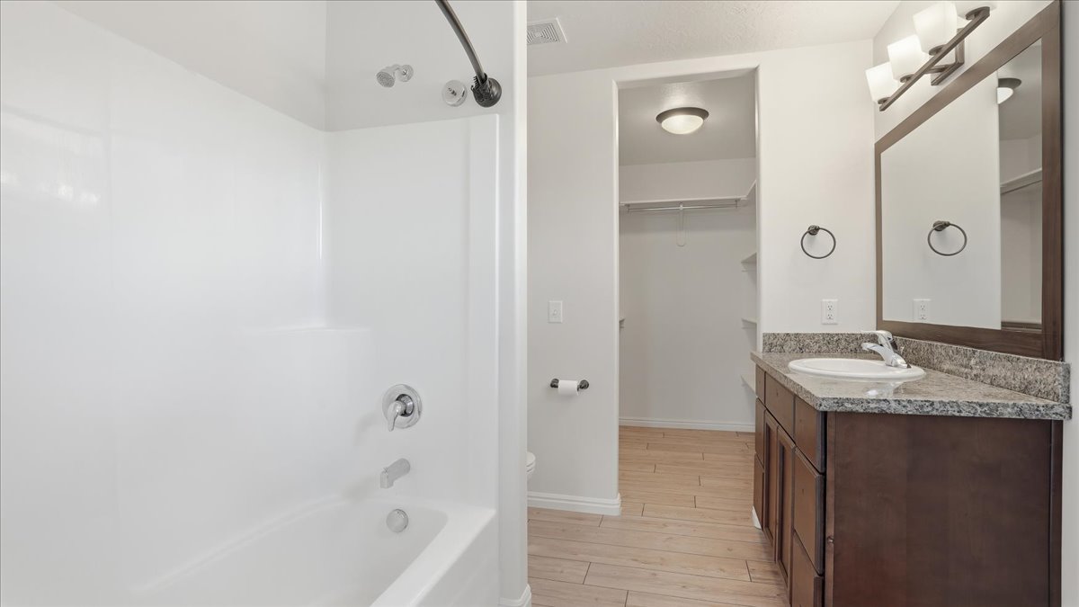 Bathroom featuring vanity, light wood-style floors, bathtub / shower combination, and a spacious closet