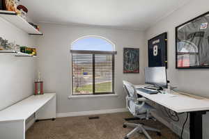 Home office featuring dark carpet and baseboards