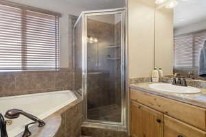 Bathroom featuring vanity, a garden tub, and a stall shower