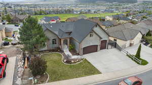 Aerial view of residential area with mountains