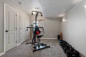 Exercise area featuring light colored carpet and a textured ceiling