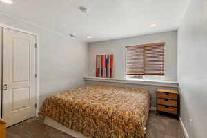 Bedroom featuring dark carpet and recessed lighting