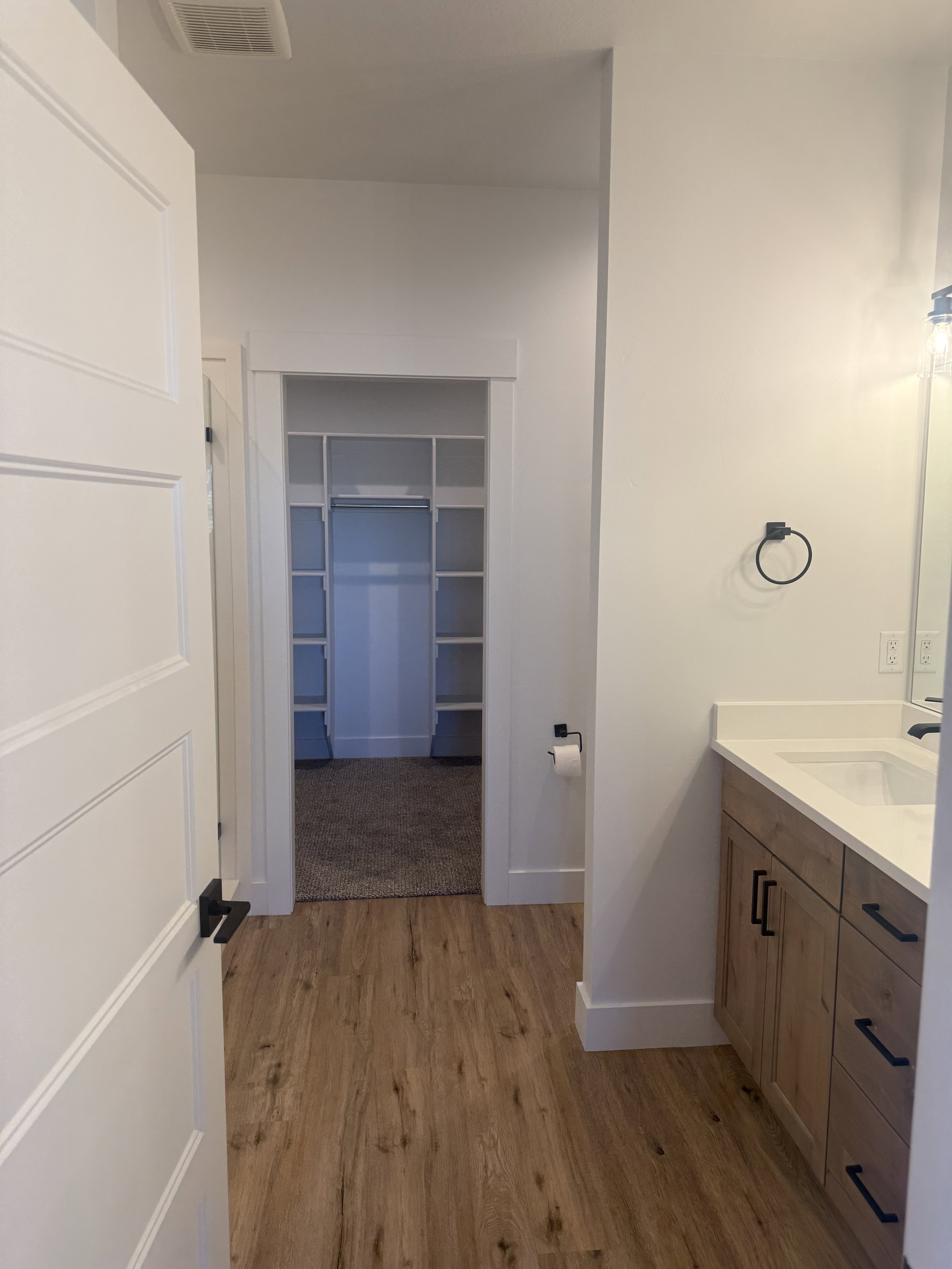 Full bath featuring a walk in closet, vanity, and light wood-type flooring