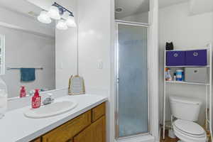Full bath featuring vanity and a stall shower