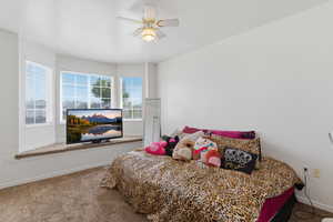 Bedroom featuring dark carpet and a ceiling fan
