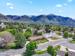 Aerial perspective of suburban area with mountains