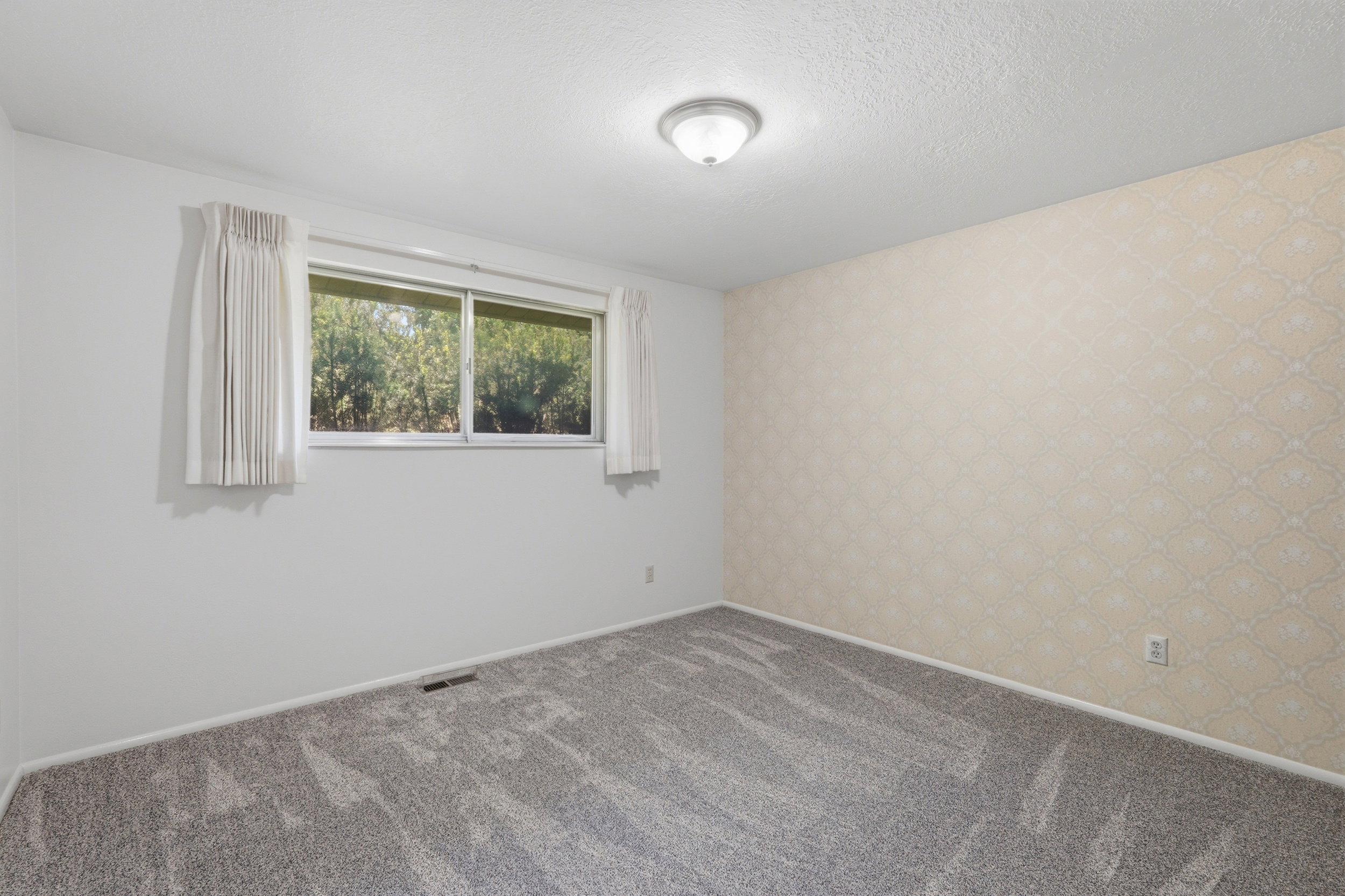 Light-filled interior space featuring a large window, neutral carpeting, and a textured accent wall