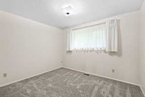 Carpeted spare room featuring baseboards and a textured ceiling