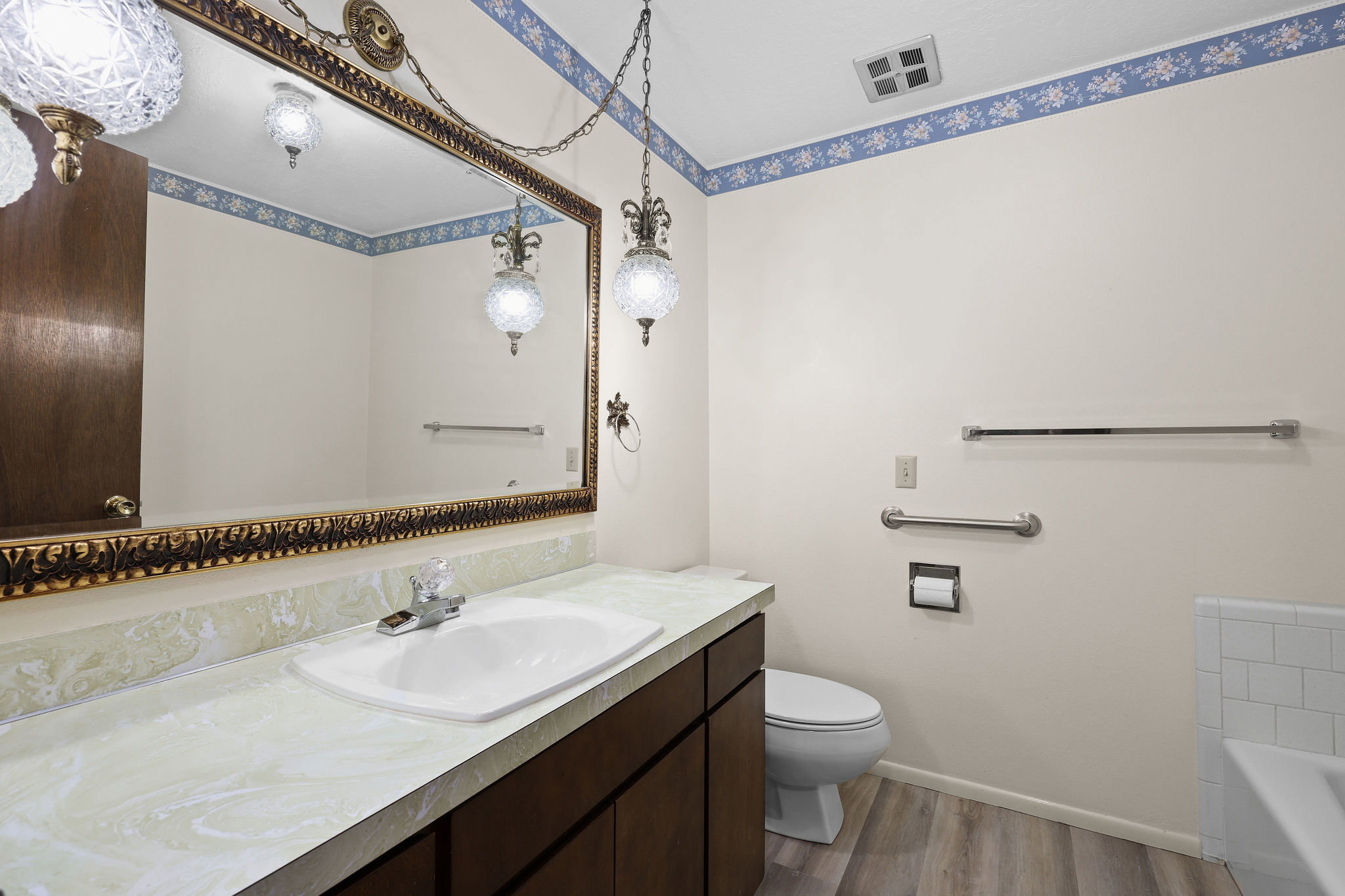 Bathroom with vanity, dark wood-type flooring, and a bath
