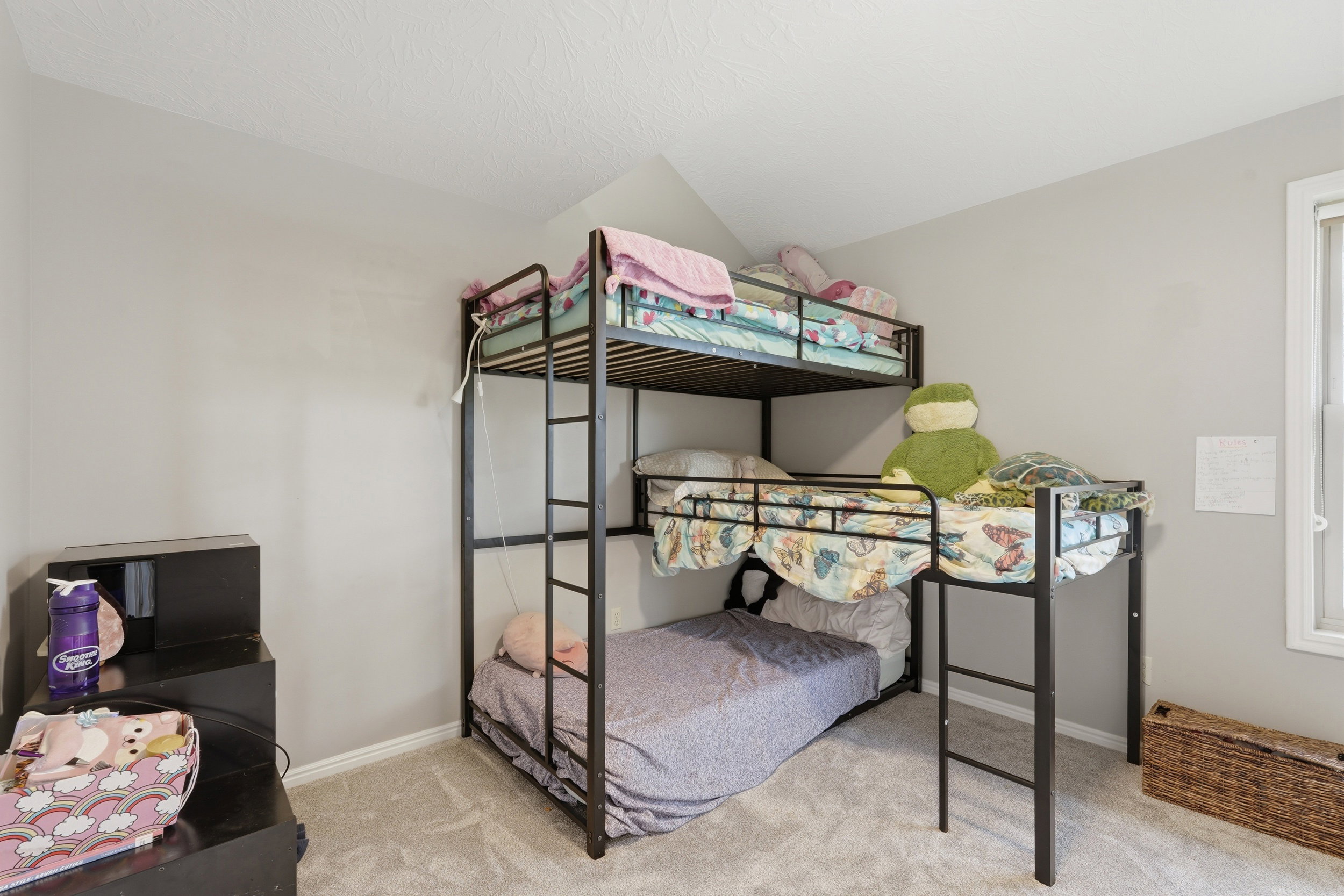 Bedroom featuring light carpet, Loft space above, vaulted ceiling, and a closet