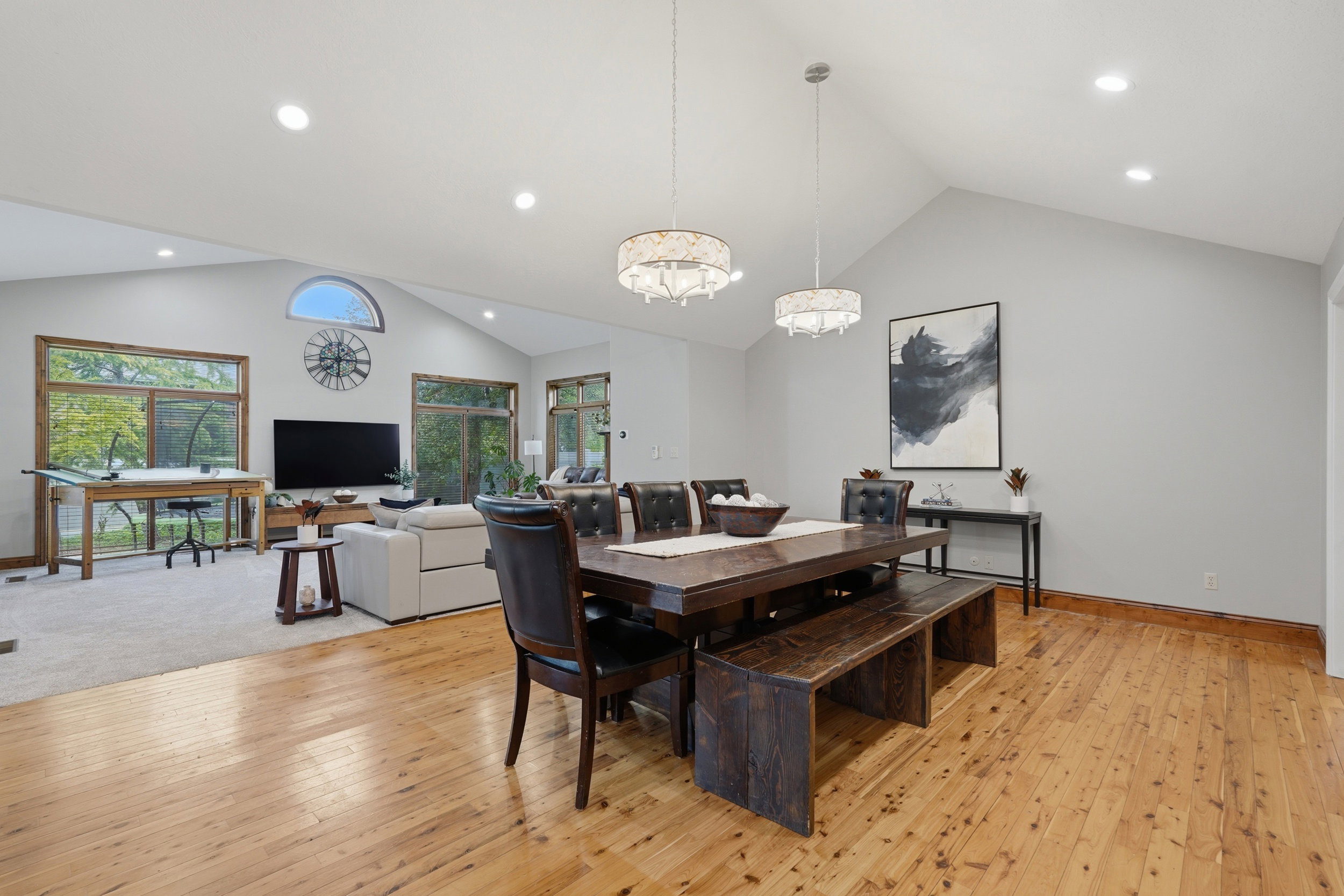 Large Dining room, Hardwood floors and vaulted ceiling