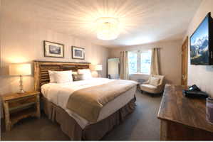 Bedroom featuring dark colored carpet and suspended lighting