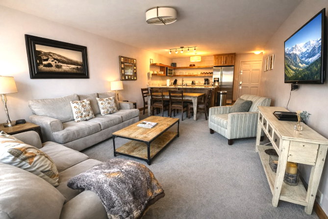 Living room with dark colored carpet and rail lighting