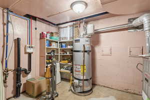Utility room featuring secured water heater and heating unit