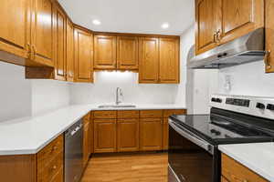 Kitchen with stainless steel appliances, wood finish cabinetry, light wood-style flooring, recessed lighting, and light stone counters