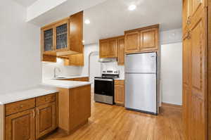 Kitchen with stainless steel appliances, light countertops, wood finish cabinetry, glass fronted cabinets, and recessed lighting