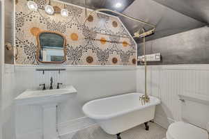 Full bathroom featuring a wainscoted wall, a freestanding bath, and lofted ceiling