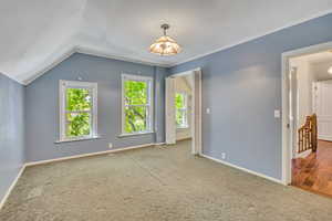 Unfurnished bedroom featuring carpet and vaulted ceiling