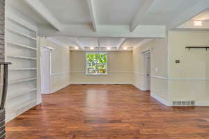 Empty room featuring dark wood-style floors, beam ceiling, wooden walls, and built in shelves