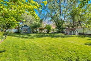 Fenced backyard with an outdoor structure