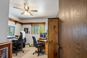 Office area featuring plenty of natural light, light carpet, a textured ceiling, and ceiling fan
