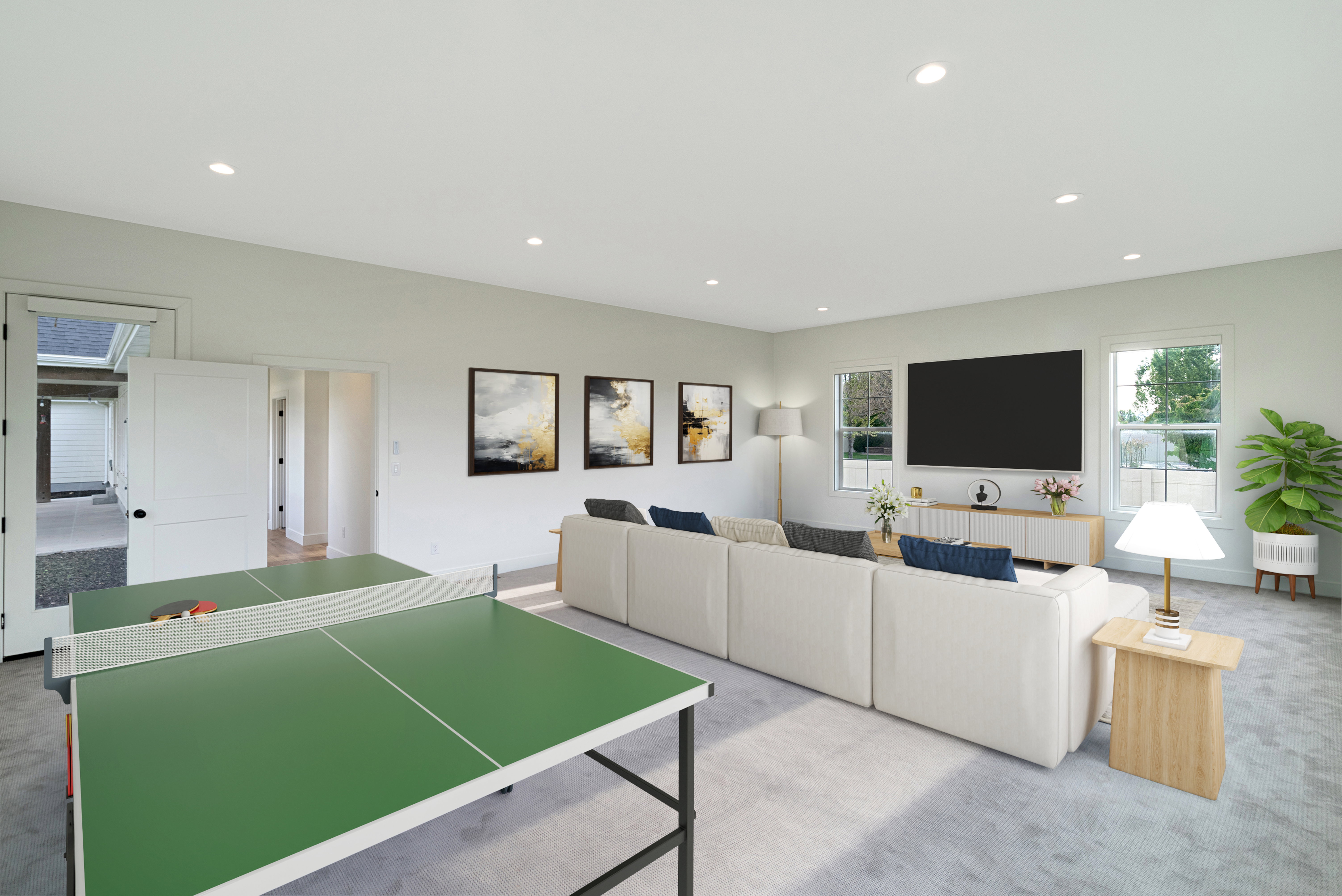 Carpeted living area featuring recessed lighting