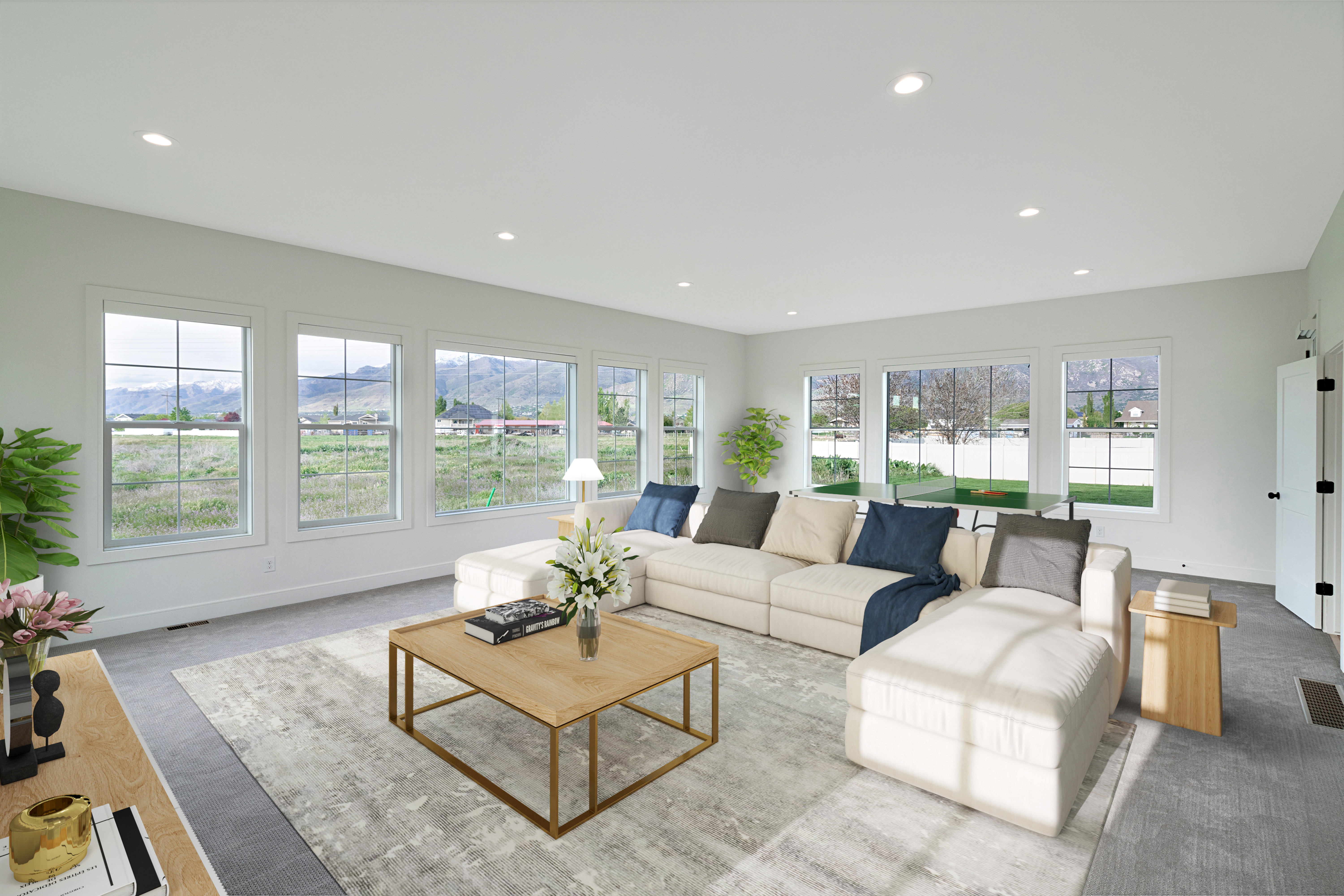 Living room featuring a mountain view and recessed lighting