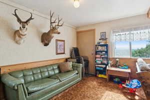 Living area featuring carpet, a textured ceiling, and wallpapered walls