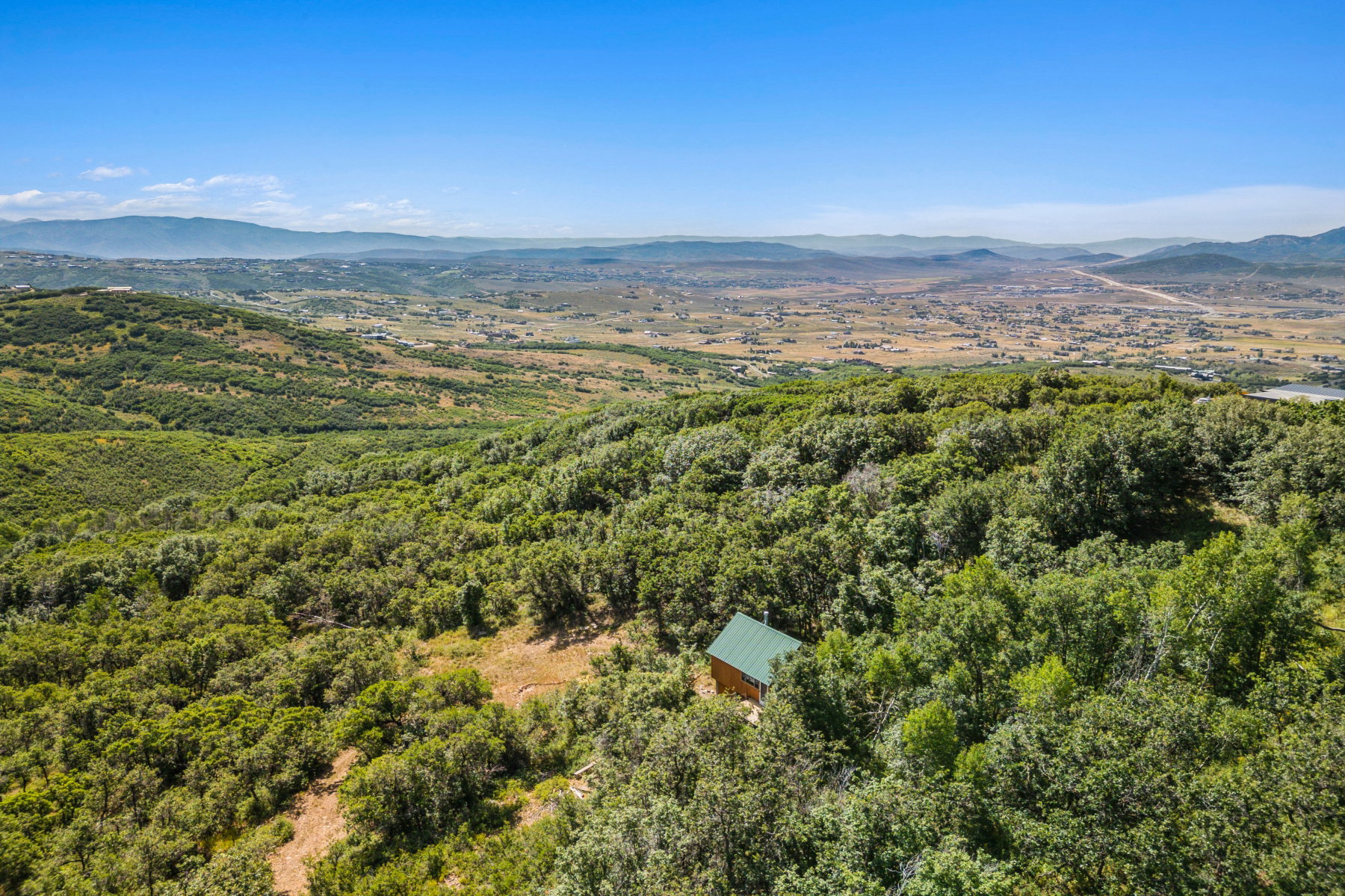 Bird's eye view of a mountainous background and a forest