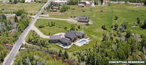 Modern rustic-style estate featuring multiple buildings, extensive green lawns, two swimming pools with stone patios, and a natural water feature