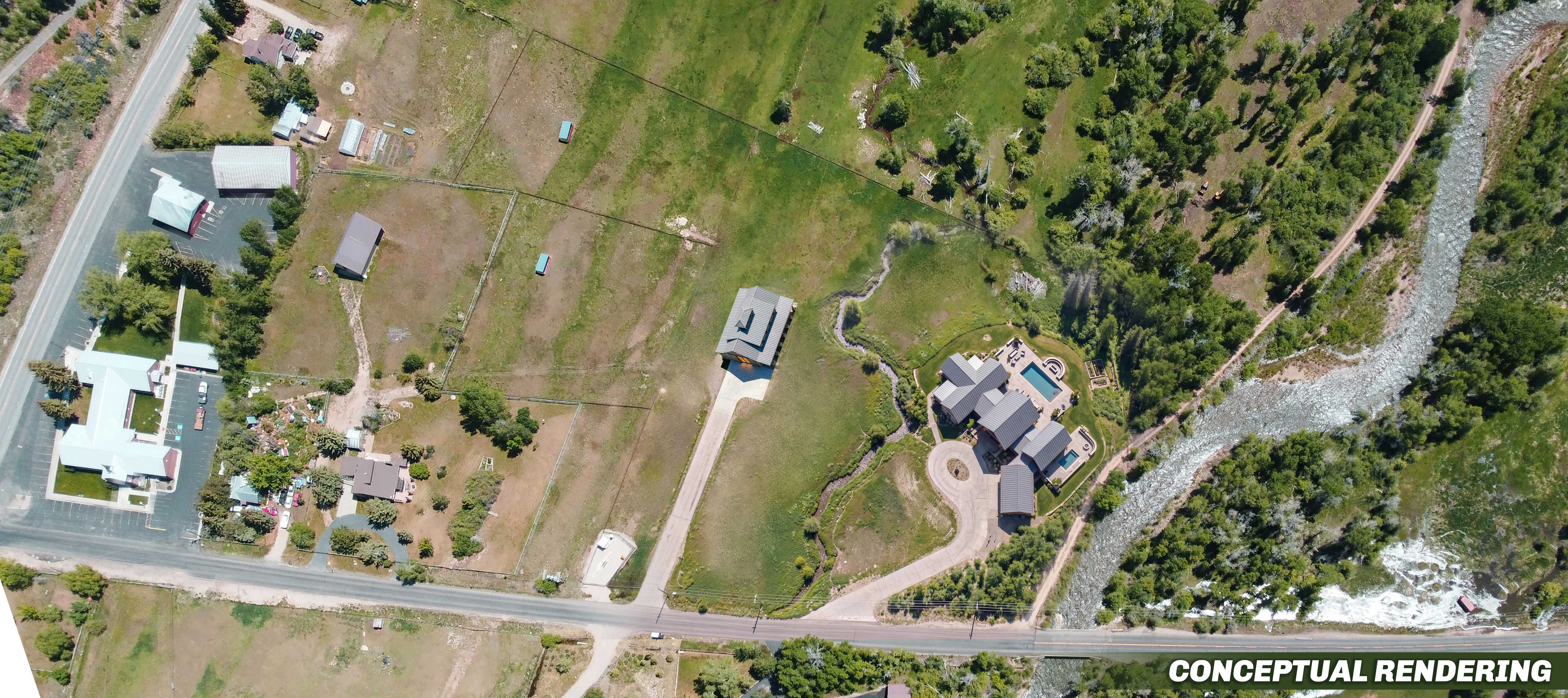 Expansive property featuring a multi-building complex, river frontage, and multiple outbuildings