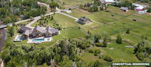Expansive property featuring a modern architectural residence with multiple pools, surrounded by lush greenery, a visible river, and a secondary structure