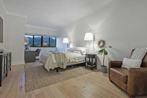 Bedroom featuring light wood-style flooring, crown molding, and a mountain view