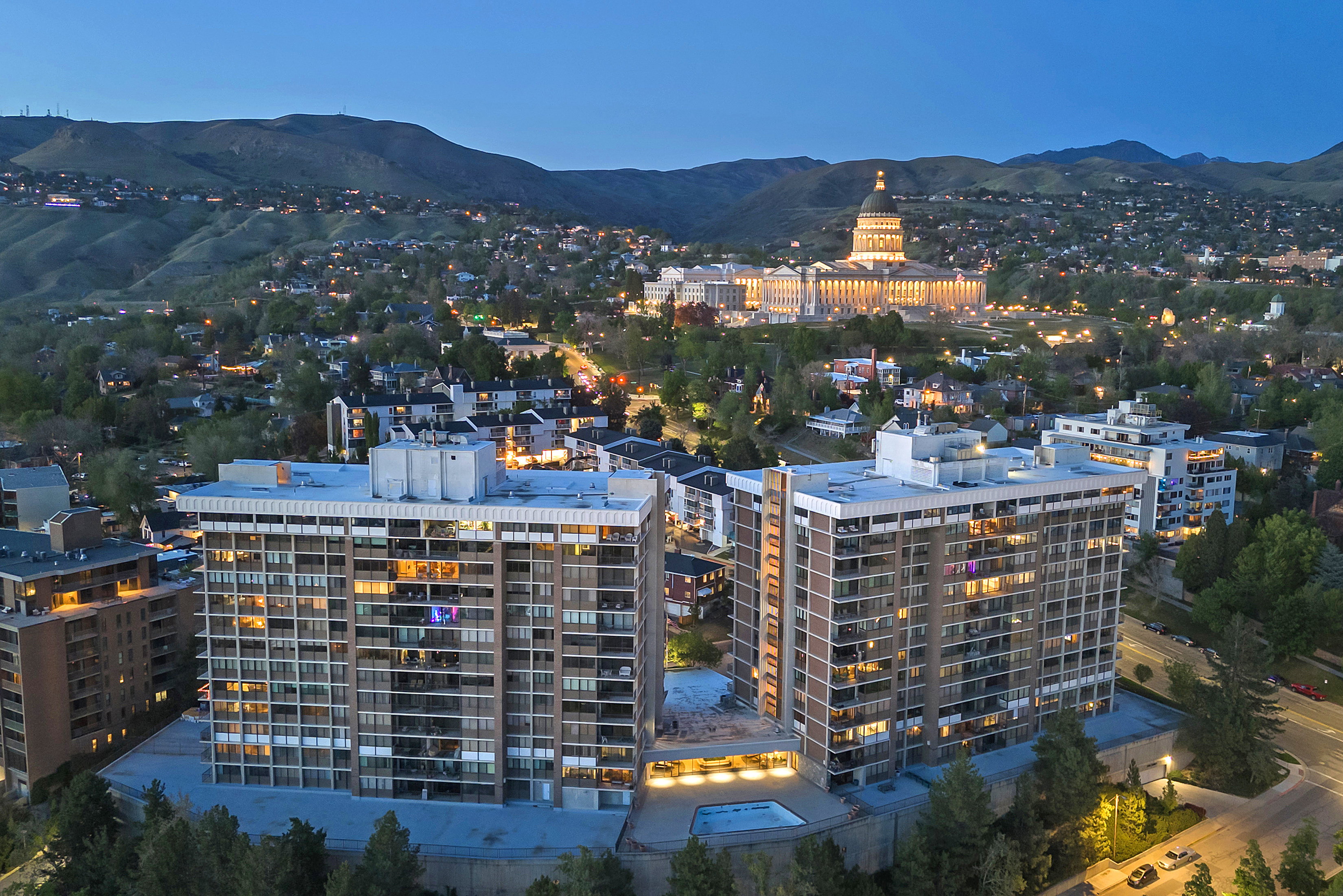 Aerial view of a mountain backdrop