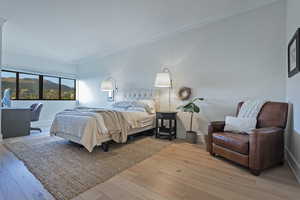 Bedroom with light wood-style floors, a mountain view, and ornamental molding