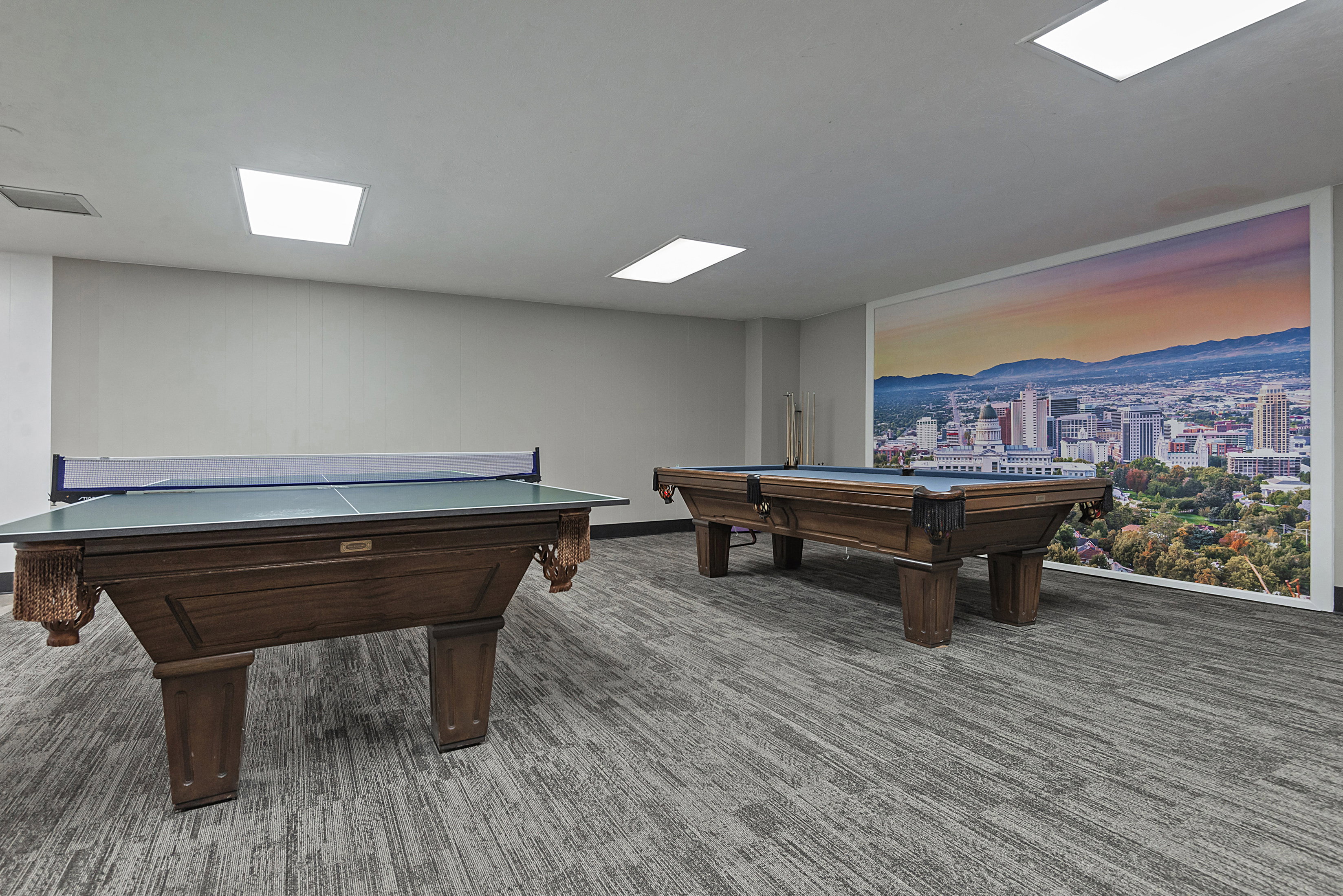 Recreation room featuring billiards and a mountain view